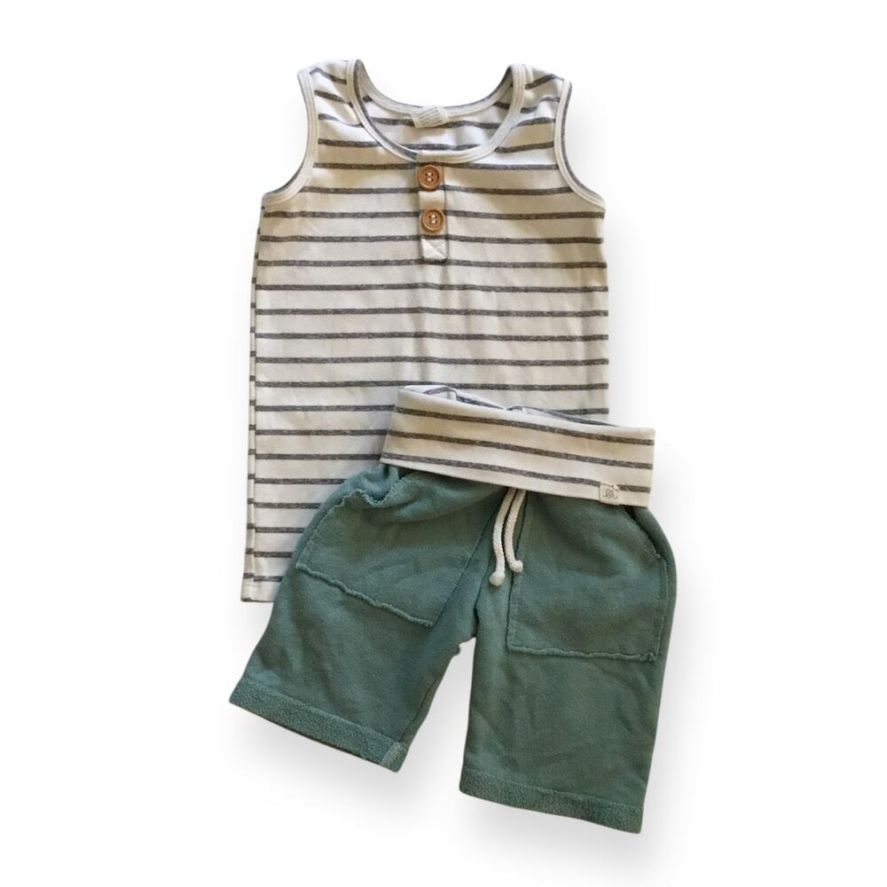 Lulu + Roo gray stripe tank top & blue shorts outfit